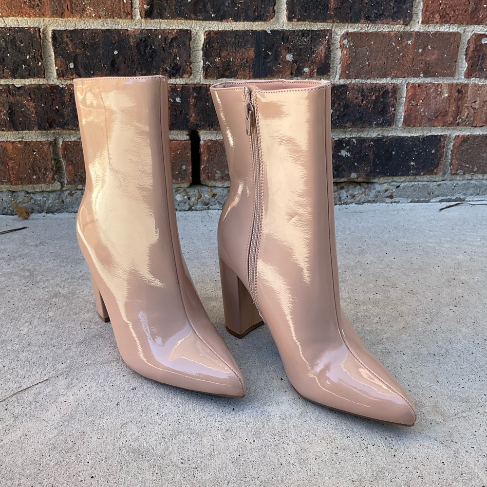 Nude patent leather high heel boots. Bamboo brand Bellflower style TTS